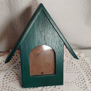 vintage wooden dk green picture frame in shape of a house w standing tripod 90s